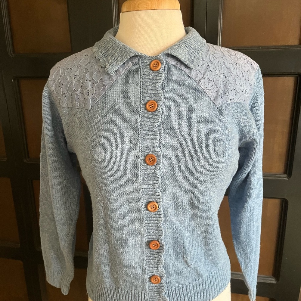 Melbourne Country Vintage Blue with Embroidered Lace Accents Sweater-S